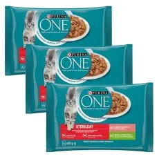 PURINA ONE STERILCAT pulyk&aacute;val &eacute;s z&ouml;ldbabbal sz&oacute;szban, lazaccal &eacute;s s&aacute;rgar&eacute;p&aacute;val sz&oacute;szban, 12 x 85 g