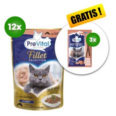 PreVital Fillet Selection Kapszula lazaccal szószban 12 x 85 g + 3 x jutalomfalatok GRÁTISZ