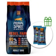 Primal Spirit Dog 65% Rebel Farm csirke &eacute;s hal 12 kg + 2 x jutalomfalat GR&Aacute;TISZ
