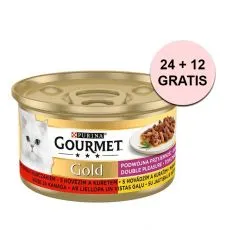 Gourmet GOLD konzrev - grillezett &eacute;s p&aacute;rolt marha- &eacute;s csirkeh&uacute;s darabok 85 g, 24+12 db GR&Aacute;TISZ