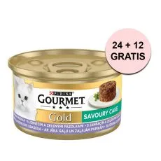 Gourmet GOLD konzerv - Savoury Cake b&aacute;r&aacute;nyh&uacute;ssal &eacute;s z&ouml;ldbabbal 85 g, 24+12 db GR&Aacute;TISZ