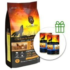 Ambrosia Adult All Breeds Chicken & Fresh Salmon 12 kg + 2 konzerv GR&Aacute;TISZ