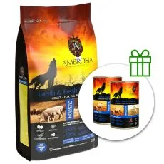 Ambrosia Adult All Breeds Lamb & Fresh Salmon 12 kg + 2 konzerv GR&Aacute;TISZ