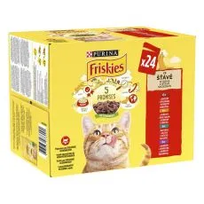 FRISKIES multipack csirk&eacute;ből, marh&aacute;b&oacute;l, b&aacute;r&aacute;nyb&oacute;l, kacs&aacute;b&oacute;l sz&oacute;szban 24 x 85 g