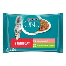 PURINA ONE STERILCAT pulyk&aacute;val &eacute;s z&ouml;ldbabbal sz&oacute;szban, lazaccal &eacute;s s&aacute;rgar&eacute;p&aacute;val sz&oacute;szban, 4 x 85 g