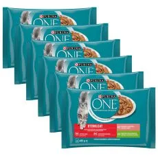 PURINA ONE STERILCAT pulyk&aacute;val &eacute;s z&ouml;ldbabbal sz&oacute;szban, lazaccal &eacute;s s&aacute;rgar&eacute;p&aacute;val sz&oacute;szban, 24 x 85 g