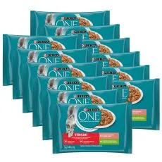 PURINA ONE STERILCAT pulyk&aacute;val &eacute;s z&ouml;ldbabbal sz&oacute;szban, lazaccal &eacute;s s&aacute;rgar&eacute;p&aacute;val sz&oacute;szban, 48 x 85 g